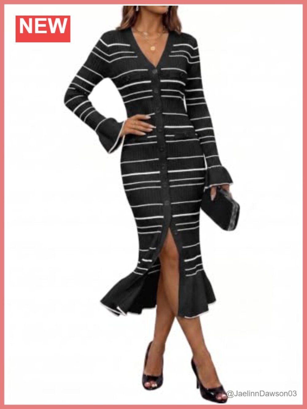 Ribbed Knit Striped Long Sleeve Sweater Dress Fishtail Hem